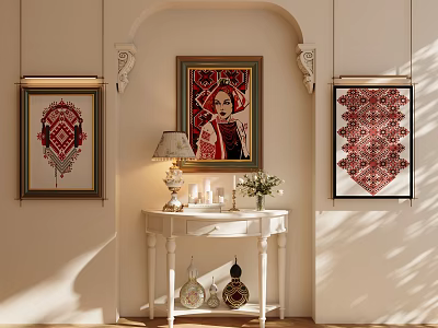 Traditional Framed Wall Decor with Central Portrait and Side Geometric Artworks in Elegant Room 3d model