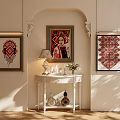 Traditional Framed Wall Decor with Central Portrait and Side Geometric Artworks in Elegant Room