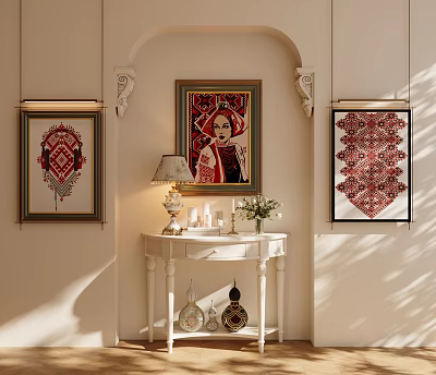 Traditional Framed Wall Decor with Central Portrait and Side Geometric Artworks in Elegant Room 3d model