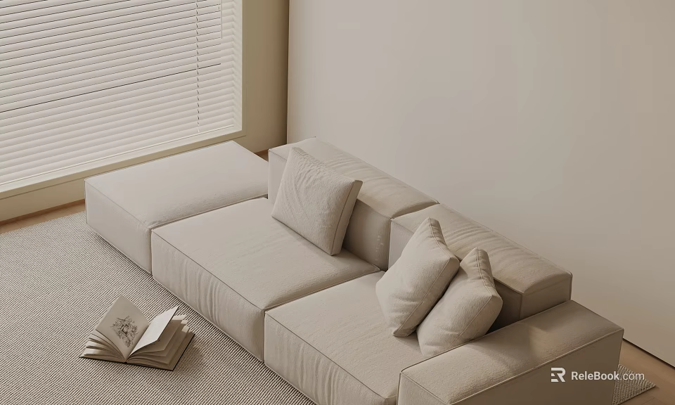 Light Colored Three Seater Sofa With Soft Cushions And Open Book By Window Blinds 3d model 