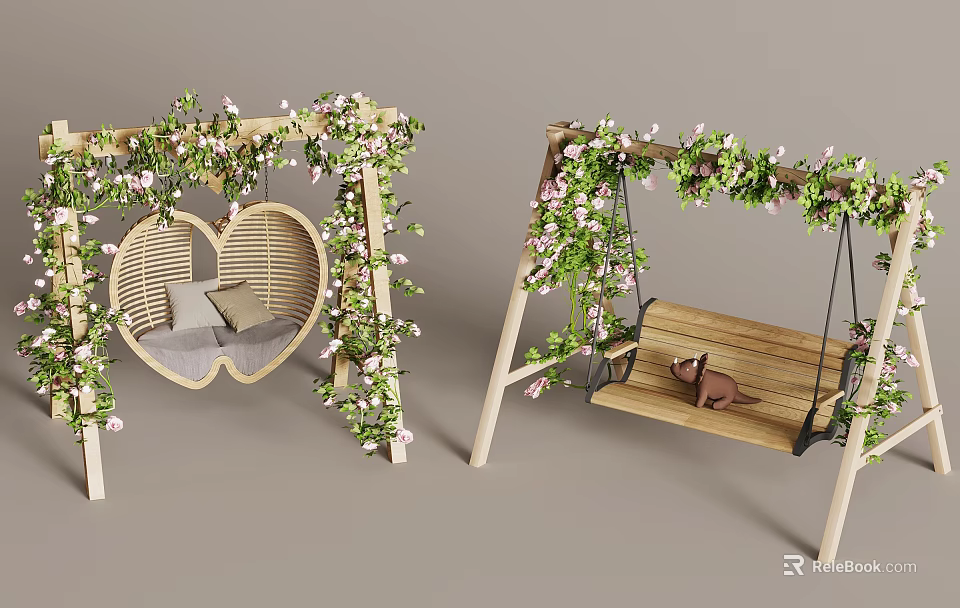 Outdoor Swing Chairs With Heart Shaped Wooden Design And Decorative Vines Pink Flowers 3d model 