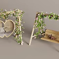 Outdoor Swing Chairs With Heart Shaped Wooden Design And Decorative Vines Pink Flowers