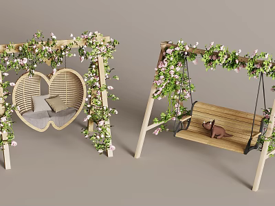 Outdoor Swing Chairs With Heart Shaped Wooden Design And Decorative Vines Pink Flowers 3d model