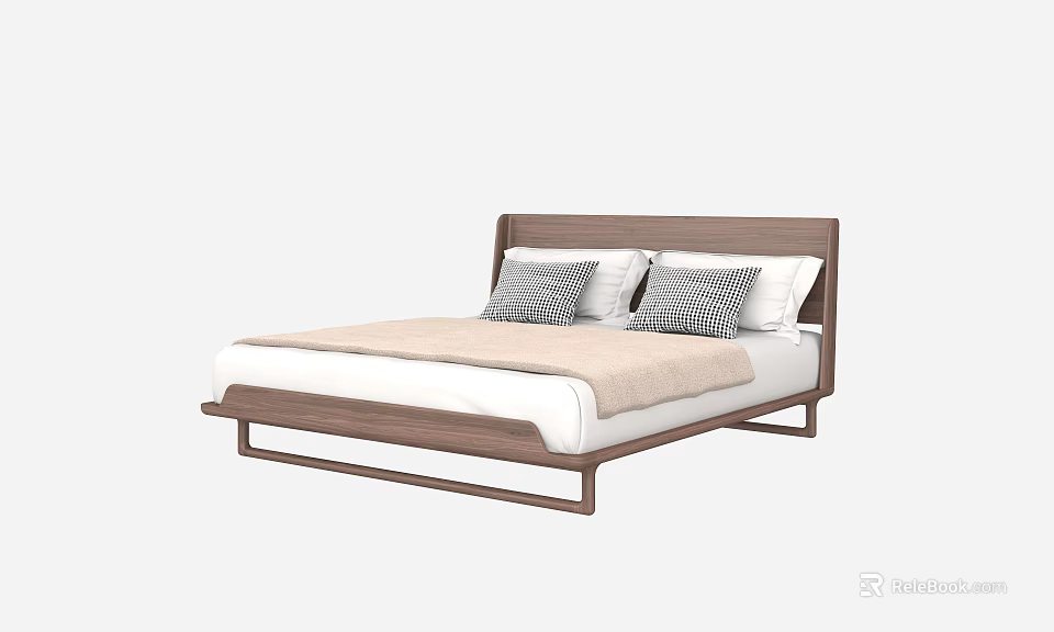 Double Bed With Wooden Headboard White Mattress Beige Blanket And Plaid Pillows 3d model 