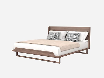 Double Bed With Wooden Headboard White Mattress Beige Blanket And Plaid Pillows 3d model