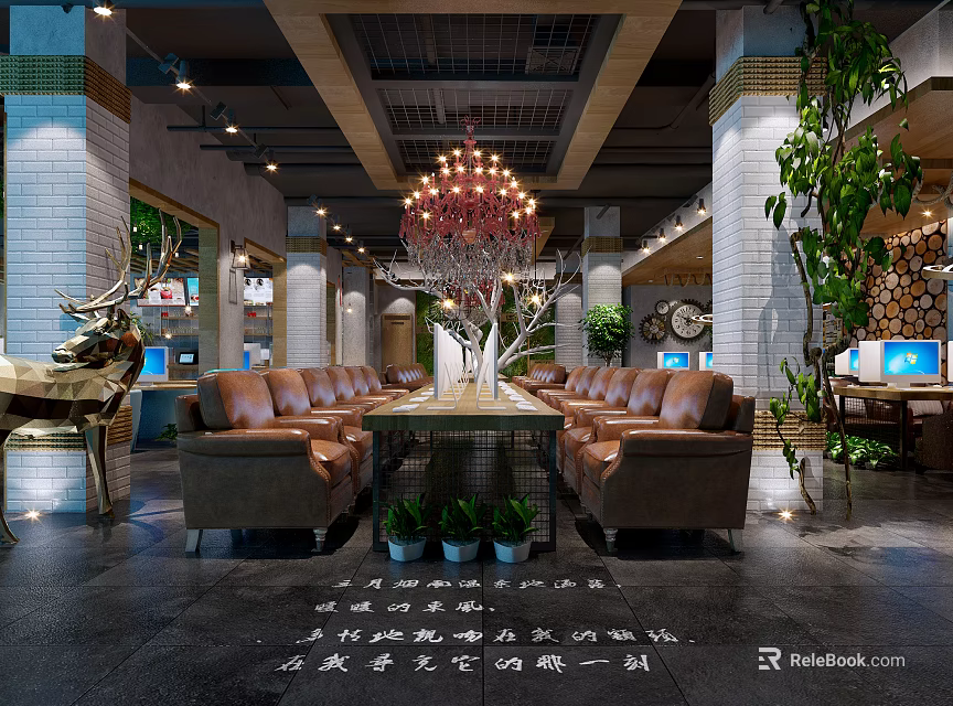 Modern Cyber Cafe Lounge With Comfortable Leather Sofas Hanging Lamps Green Plants And Computers 3d model 