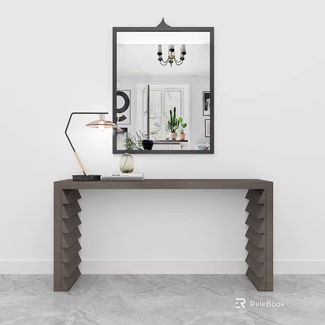 Modern Console Table With Decorative Mirror Table Lamp And Potted Plants 3d model 