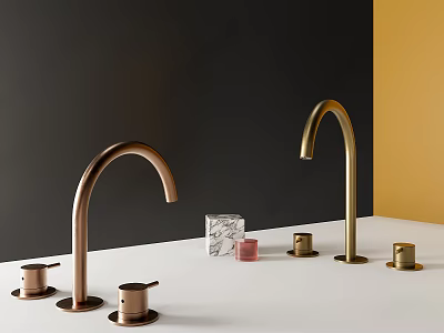 Copper Gold Faucets on White Countertop with Small Decorative Items Against Dark and Yellow Walls 3d model