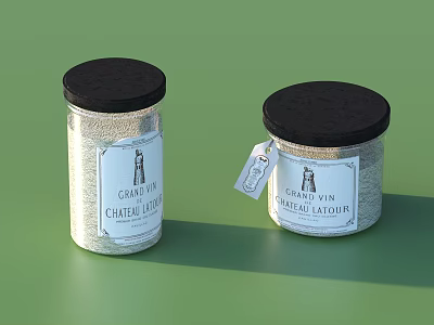 Glass Spice Jars With Black Lids On Green Background Featuring Labeled Design And Hanging Tag 3d model