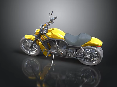 Yellow Motorcycle With Black Seat And Silver Wheels On Reflective Dark Surface 3d model