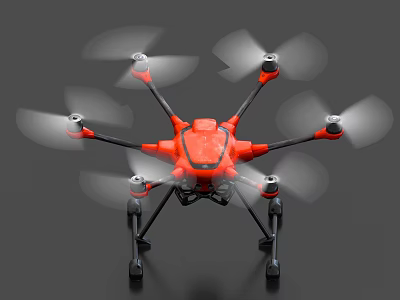 Red Hexacopter Drone With Rotating Propellers And Black Landing Gear 3d model