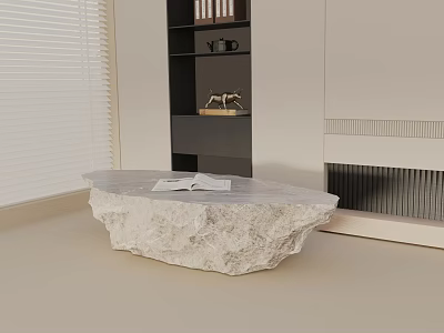 Irregular Shaped White Stone Coffee Table With Open Book On Top And Bookshelf Fireplace Background 3d model