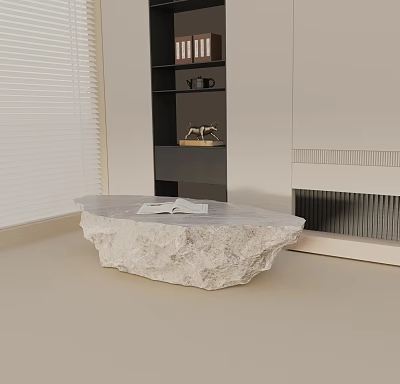 Irregular Shaped White Stone Coffee Table With Open Book On Top And Bookshelf Fireplace Background 3d model