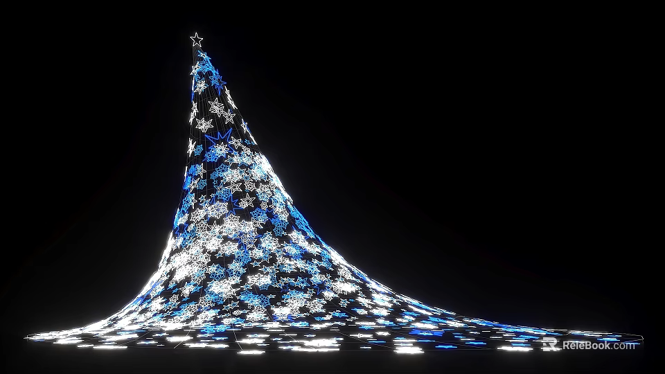 Illuminated Conical Art Installation Featuring Blue White Patterns Expanded Base And Star Top 3d model 
