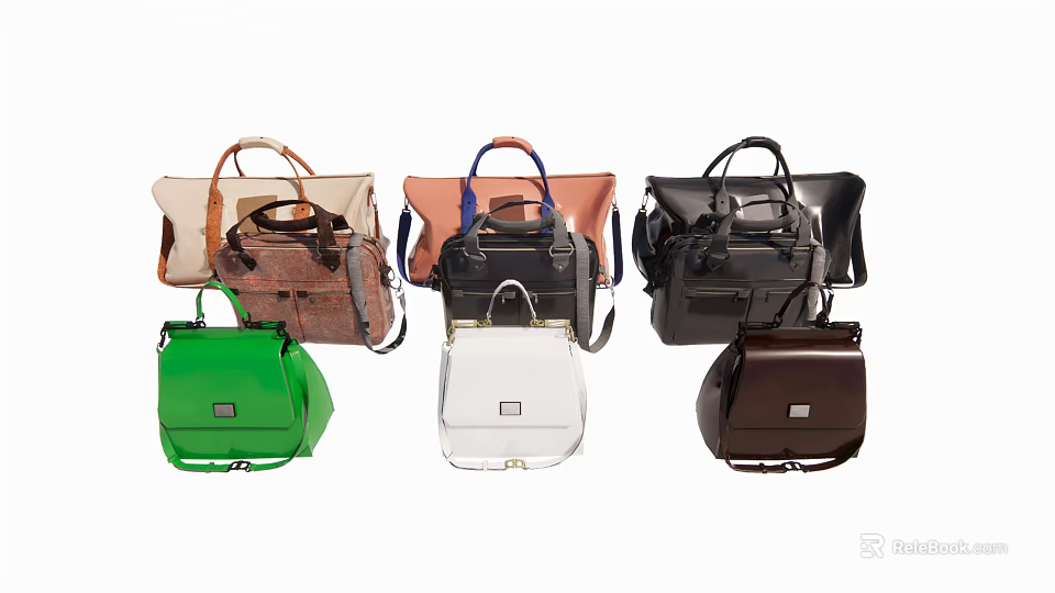 Colorful Leather Bags Collection Featuring Green White Brown Black Handbags And Backpacks 3d model 