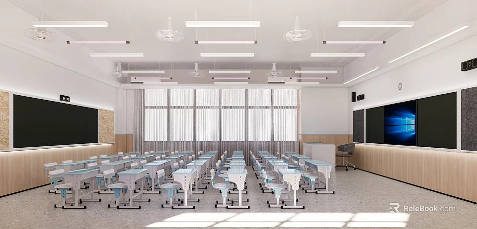 Bright Spacious School Classroom With Organized Desks Windows Ceiling Fans And Whiteboards 3d model 