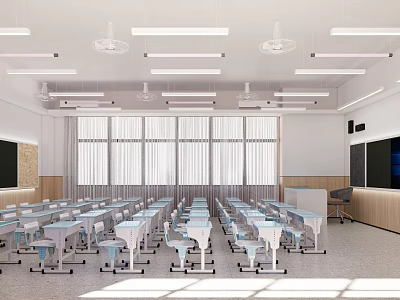 Bright Spacious School Classroom With Organized Desks Windows Ceiling Fans And Whiteboards 3d model