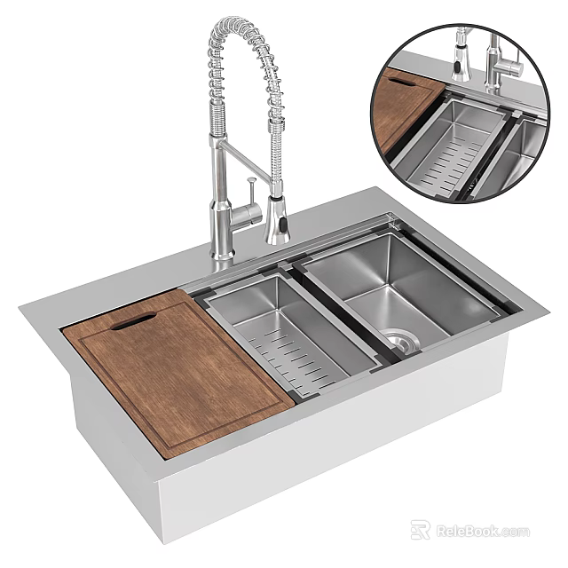 Stainless Steel Double Bowl Kitchen Sink With Wooden Cutting Board And Pull Down Faucet 3d model 