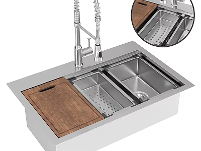 Stainless Steel Double Bowl Kitchen Sink With Wooden Cutting Board And Pull Down Faucet 3d model