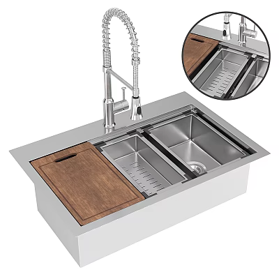 Stainless Steel Double Bowl Kitchen Sink With Wooden Cutting Board And Pull Down Faucet 3d model