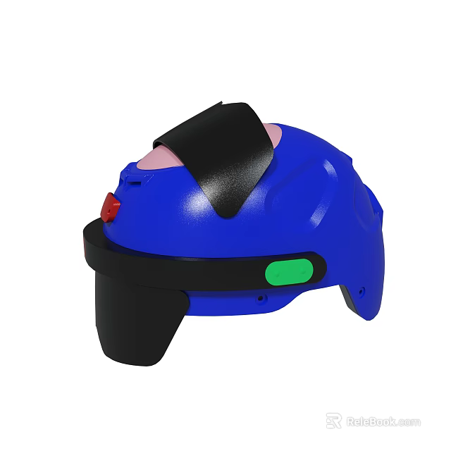 Blue Safety Helmet Featuring Black Strap Visor Red And Green Indicator Lights 3d model 