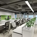 Modern Public Office Space With White Desks Black Chairs Green Plants And Glass Partitions
