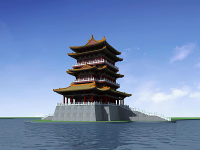 Traditional Ancient Architecture Tower With Yellow Roof Red Pillars By Water And Blue Sky 3d model