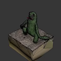 Green Plush Game Movie Character Sitting With Big Eyes Open Mouth And Teeth
