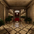 Grand Architectural Interior With Red Carpet Columns Symmetric Plants And High Ceiling