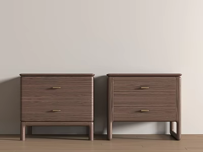 Dark Brown Wooden Bedside Tables With Two Drawers Metal Handles Modern Minimalist Design 3d model