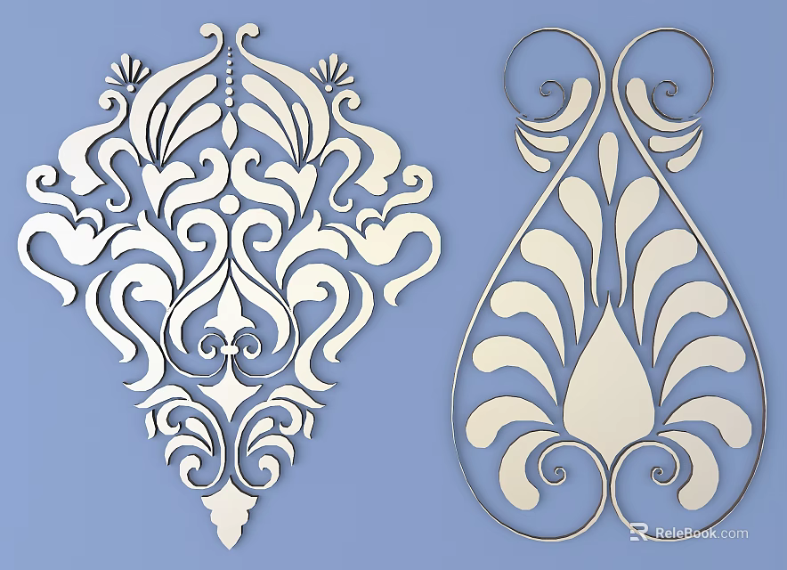 Intricate Decorative Carvings With Scroll Leaves Floral Motifs And Symmetrical Shapes On Blue Background 3d model 
