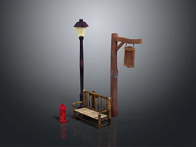 Outdoor Street Scene With Street Lamp Wooden Bench Red Fire Hydrant And Hanging Bucket 3d model