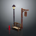 Outdoor Street Scene With Street Lamp Wooden Bench Red Fire Hydrant And Hanging Bucket