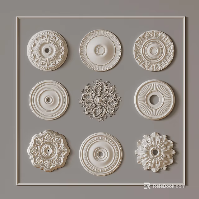 Ornamental Plaster Ceiling Decorations With Circular Floral Pattern Designs And Details 3d model