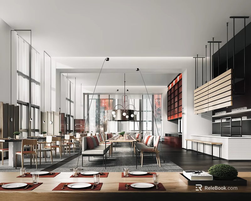 Modern Spacious Restaurant Interior With Floor to Ceiling Windows Hanging Lights And Wooden Dining Tables 3d model 