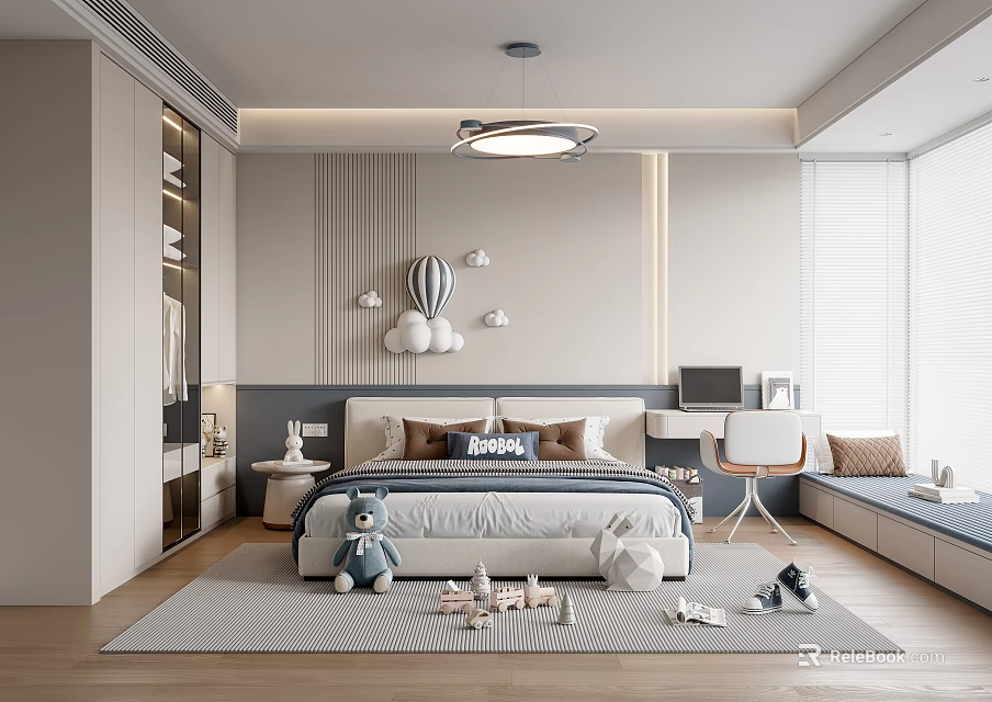 Kids Room Interior With Bed Stuffed Toys Bookshelf Rug And Window Blinds 3d model 