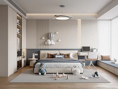 Kids Room Interior With Bed Stuffed Toys Bookshelf Rug And Window Blinds 3d model