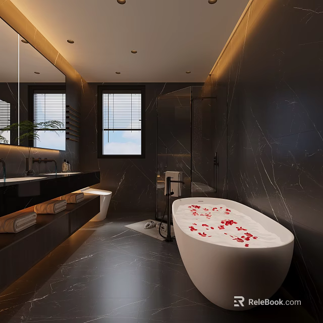 Modern Luxury Bathroom With Freestanding Bathtub Red Rose Petals And Marble Walls 3d model 