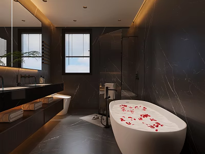 Modern Luxury Bathroom With Freestanding Bathtub Red Rose Petals And Marble Walls 3d model