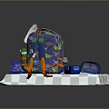 Blue Dinosaur Patterned Backpack With Accessories On Blue And White Checkered Cloth 3d model