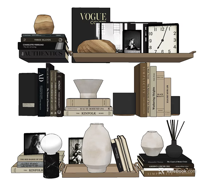 Stylish Decorative Ornaments Set with Books Vogue Magazine Clock Vases Photo Frames on Shelf 3d model 