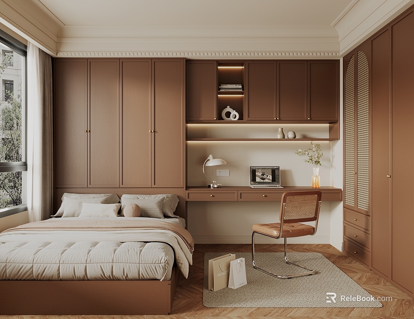 Tatami Bedroom Interior With Brown Wardrobe Desk Chair And Window Decor 3d model 