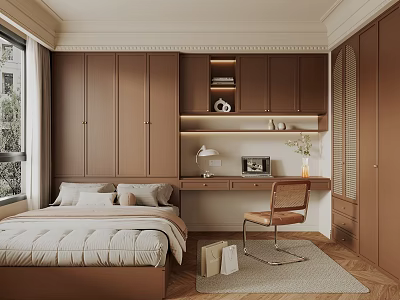 Tatami Bedroom Interior With Brown Wardrobe Desk Chair And Window Decor 3d model