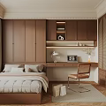 Tatami Bedroom Interior With Brown Wardrobe Desk Chair And Window Decor