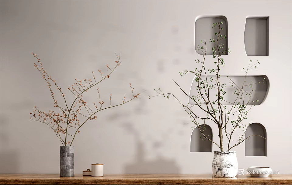 Gray And White Patterned Ceramic Vases With Flower Branches On Wooden Table Against Light Wall 3d model