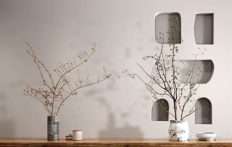 Gray And White Patterned Ceramic Vases With Flower Branches On Wooden Table Against Light Wall 3d model 