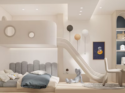 Modern Kids Room Design With Gray Bed Slide Neutral Balloons And Framed Artwork 3d model