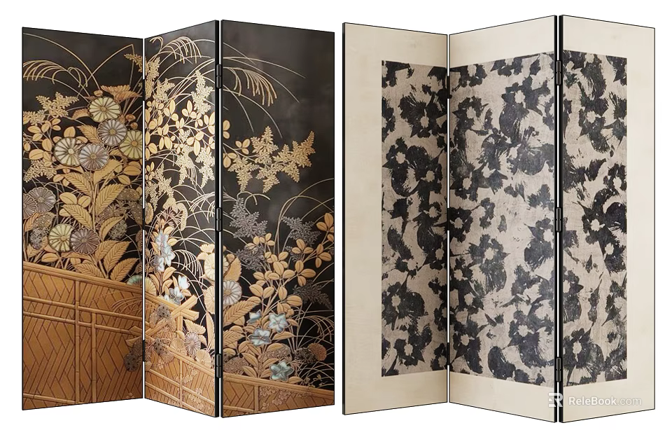 Traditional Oriental Folding Screen With Intricate Floral Patterns And Wooden Panels Design 3d model 