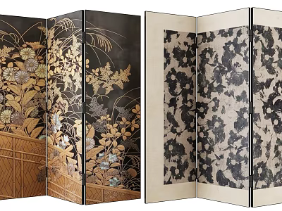 Traditional Oriental Folding Screen With Intricate Floral Patterns And Wooden Panels Design 3d model