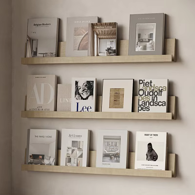 Modern Wooden Bookshelf with Art Books and Design Magazines on Shelves 3d model